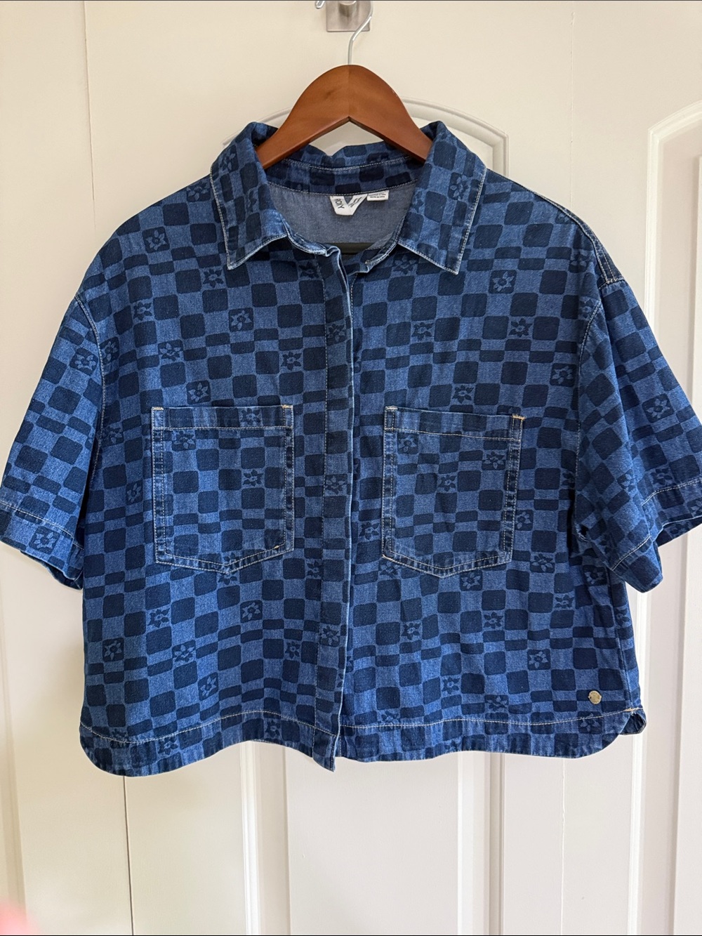 Roxy Blue Jean Checkered Short-Sleeve Button-Up Shirt